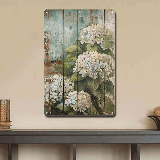 Metal Sign Tin Sign Vintage Shabby Chic Hydrangeas Tin Sign for Vintage Rustic Home Decor and Distressed Wood Panels with Weather Resistant Finish Greenhouse Decor for Club 6×8 Inches