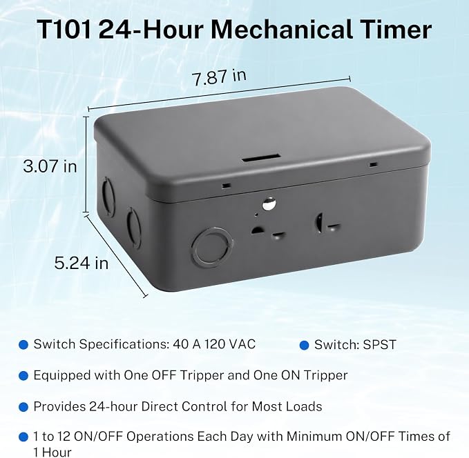 T101 24-Hour Mechanical Timer, 40A 120VAC SPST, 12 On/Off Operations, Indoor Use Only, for Commercial Refrigeration Defrost, Lighting, Fans, Pool Pumps, Irrigation Systems, Water Heater Timing Control