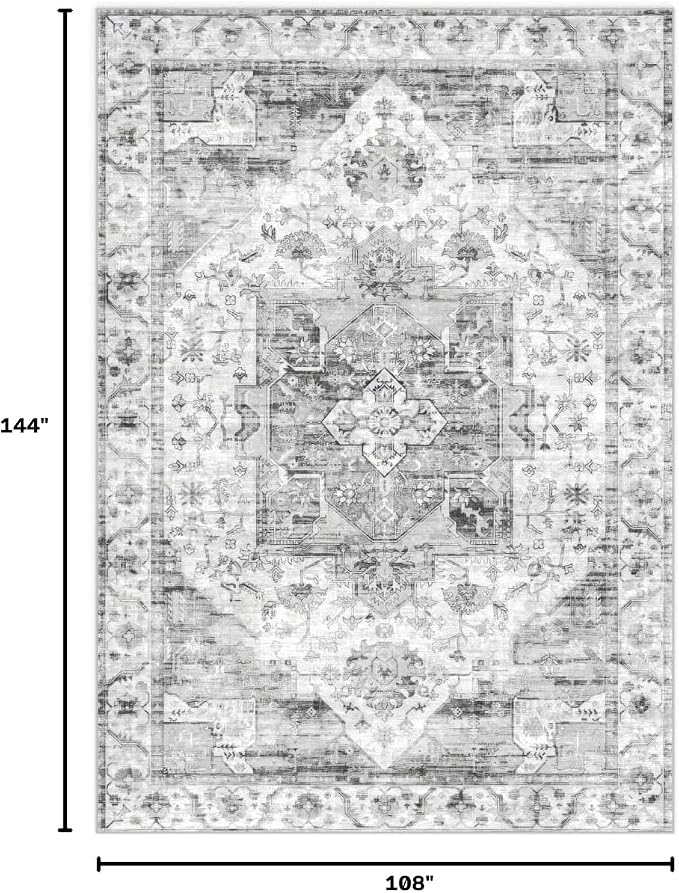 9x12 Area Rugs Washable Large Vintage Rug for Living Room Bedroom | Farmhouse Boho Floral Neutral Washable Stain Resistant Indoor Carpet for Bedroom Office and Home Decor (Black&Grey)