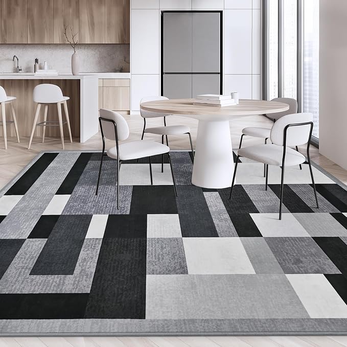 TWINNIS Indoor Modern Area Rug, 6x9 Geometric Patchwork Style Washable Large Rugs for Living Room Bedroom Hardwood Floors, Non Shedding Non Anti Backing Soft Carpet Home Floor Decor, Black