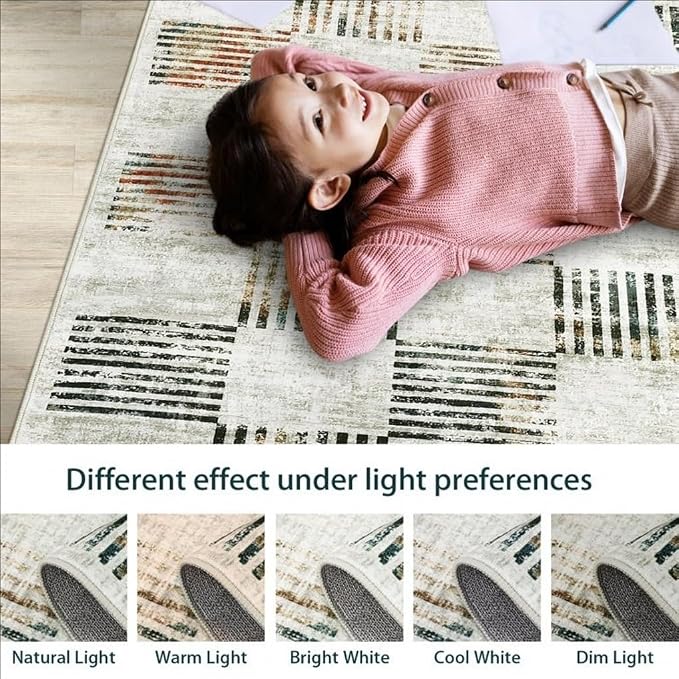 Contemporary Abstract Black Beige Green Unique Shaped Rugs for Living Dining Room Bedroom Laundry Room Hallway Dorm Carpets Non Shedding Ultra Thin Washable Reversible Durable Faux Wool Rug 5x8