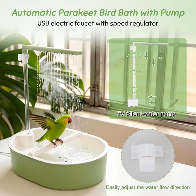 Automatic Parakeet Bird Bath, Easy-to-Use, Fountain Birdbath with USB, for Pet Birds, Cockatiel Lovebird, Green, 1 Set