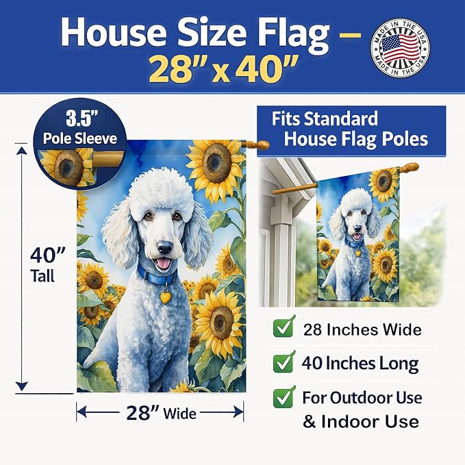 Caroline's Treasures DAC6142CHF White Poodle in Sunflowers House Flag Large Porch Sleeve Pole Decorative Outside Yard Banner Artwork Wall Hanging, Polyester, House Size, Multicolor