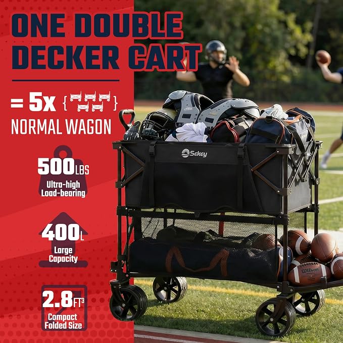 Sekey 500LBS Heavy Duty Double Decker Wagon with Extender, 400L Large Capacity Collapsible Garden Cart Fits 10x10 Canopy, All-Terrain Big Wheels with Brakes, Foldable Utility Wagon for Sports, Camping