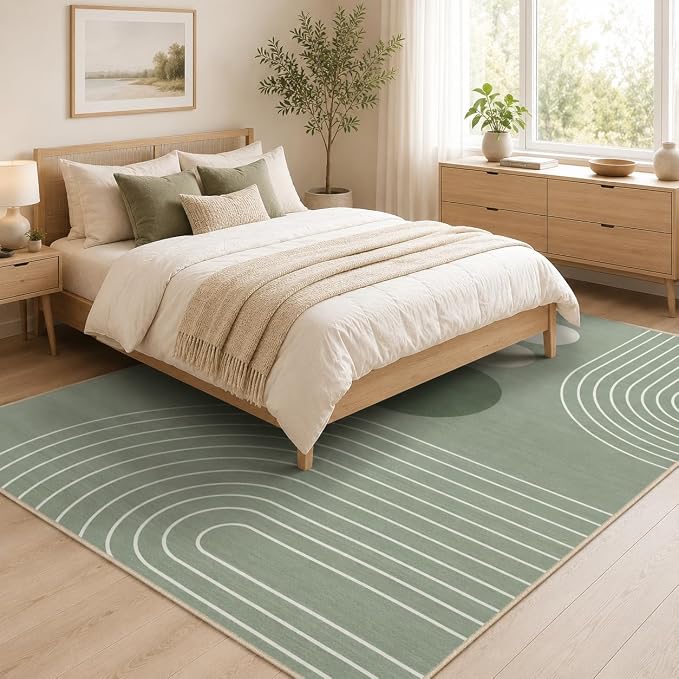 Boho Rug 4x6 Modern Geometric Minimalist Abstract Area Rug for Living Room Sage Green Mid Century Modern Contemporary Machine Washable Non-Slip Printed Low-Pile Carpet Dining Room Bedroom Office