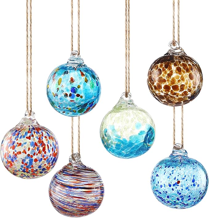 VOREEN 6-Pack Blown Glass Christmas Ornaments, 2.56" Handblown Hanging Glass Gazing Balls for Christmas Tree Decoration, Holiday Ornament Gift Set（Winter Blue & Aqua Mix）