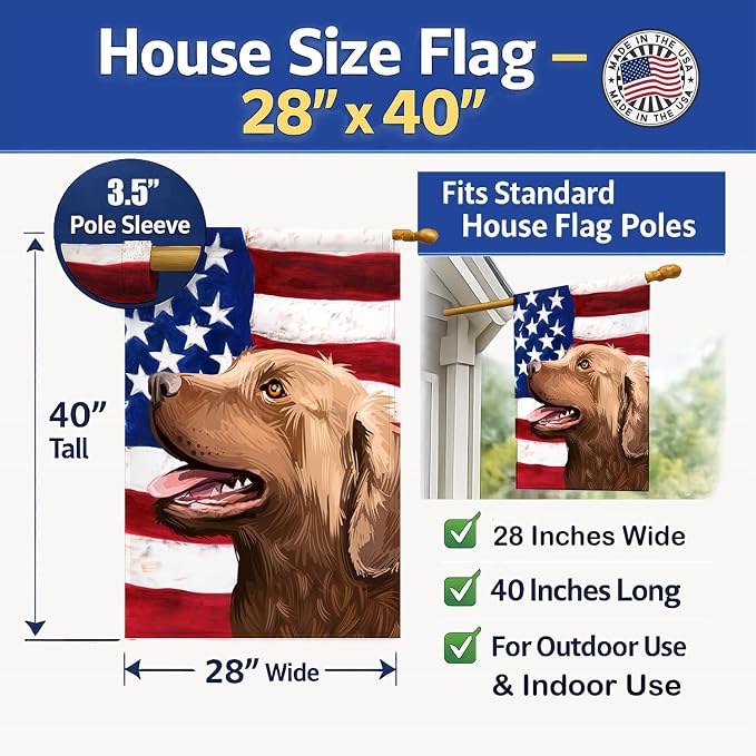 Caroline's Treasures CK6486CHF Chesapeake Bay Retriever American Flag House Flag Large Porch Sleeve Pole Decorative Outside Yard Banner Artwork Wall Hanging, Polyester, House Size, Multicolor