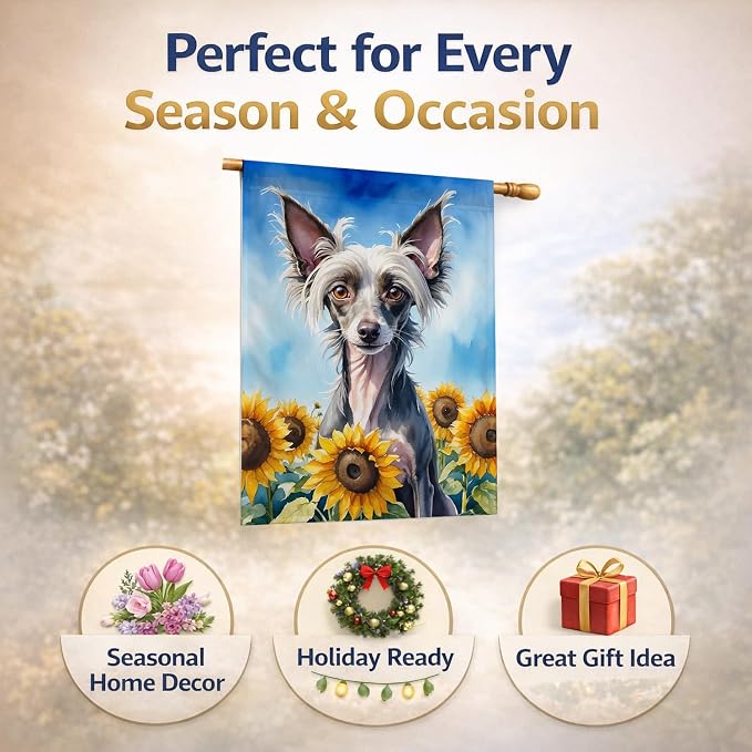 Caroline's Treasures DAC6053CHF Chinese Crested in Sunflowers House Flag Large Porch Sleeve Pole Decorative Outside Yard Banner Artwork Wall Hanging, Polyester, House Size, Multicolor
