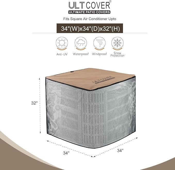 ULTCOVER 2 in 1 Full Mesh with Waterproof Fabric Top Air Conditioner Defender Cover 34W x 34D x 32H inch for Outside AC Units All Seasons Use