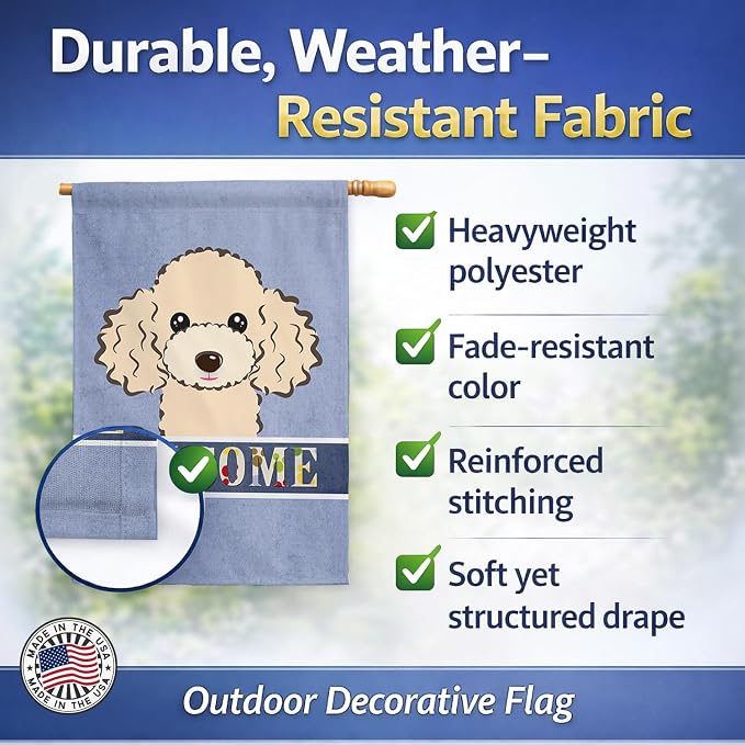 Caroline's Treasures BB1444CHF Buff Poodle Welcome House Flag, Blue Large Porch Sleeve Pole Decorative Outside Yard Banner Artwork Wall Hanging, Polyester, House Size, Multicolor