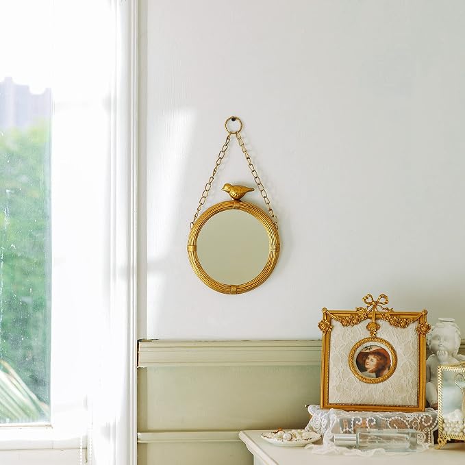 NIKKY HOME 6.7 Inch Decorative Small Hanging Mirrors Vintage Round Metal Framed Wall Mounted Mirror Decor with Bird for Bathroom Living Room Office, Rustic Gold