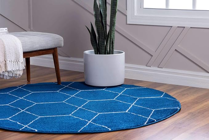 Unique Loom Trellis Frieze Collection Area Rug - Geometric (8' Round, Navy Blue/ Ivory)