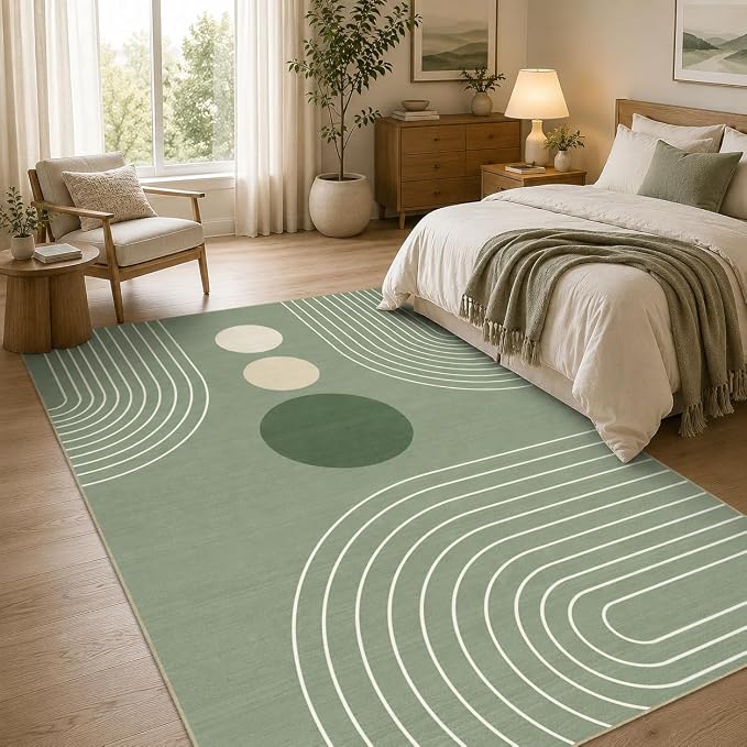 Area Rug 5x7 Boho Modern Minimalist Geometric Abstract Rug Sage Green Mid Century Modern Rug for Living Room Machine Washable Non-Slip Printed Low Pile Indoor Carpet for Bedroom Dining Room Office