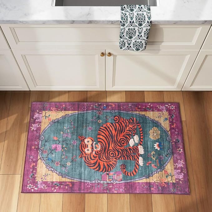 Vintage Tibetan Rug - 2x3, Non-Slip, Washable Rugs for Bathroom, Kitchen, Indoor, Entryway, Oriental, Traditional,Distressed, Tribal, Asian Accent Floor Mat