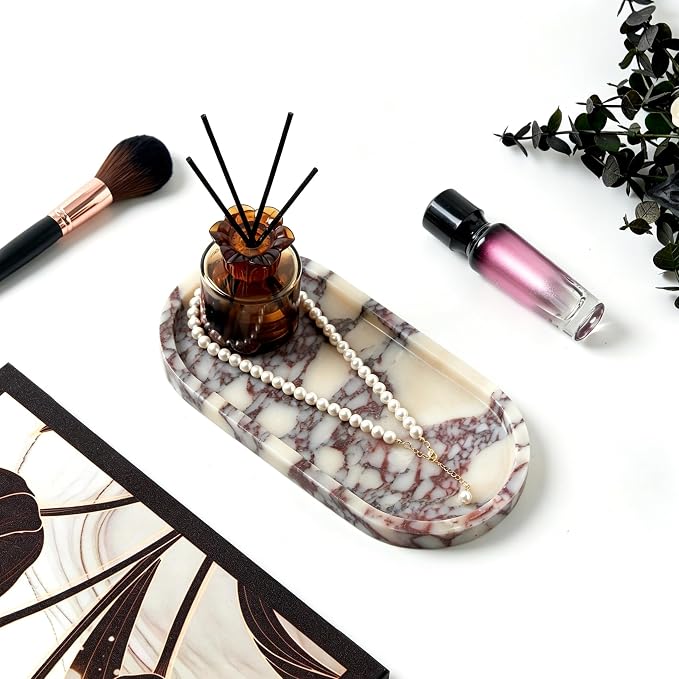 Luxury Natural Oval Marble Tray – 9.8 x 4.9-Inch Calacatta Viola Stone Vanity Tray, Small Catchall Organizer for Jewelry Perfume Keys, Decorative Trinket Tray for Bathroom Coffee Table & Dresser