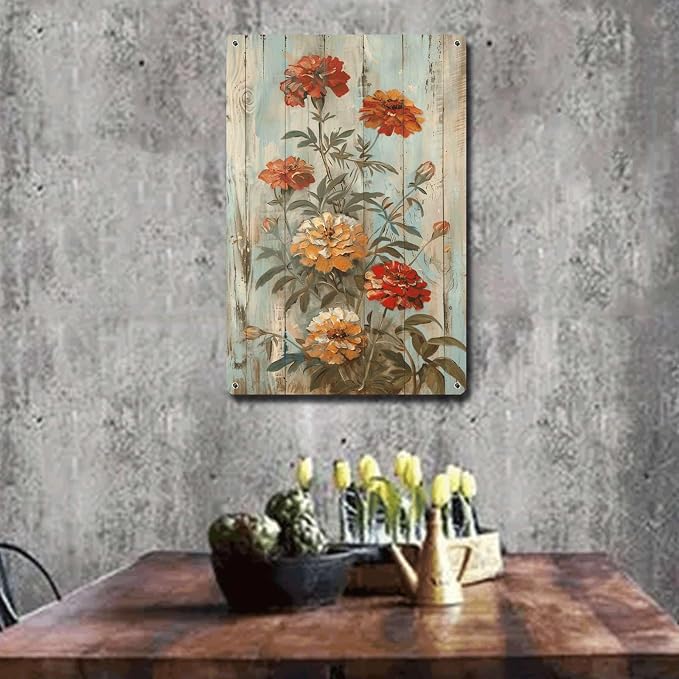 Metal Sign Tin Sign Vintage Wall Art Rustic Symbol Marigolds Tin Sign for Easy Installation Weather Resistant Design and Vintage Charm Metal Sign for Bar 12×16 Inches