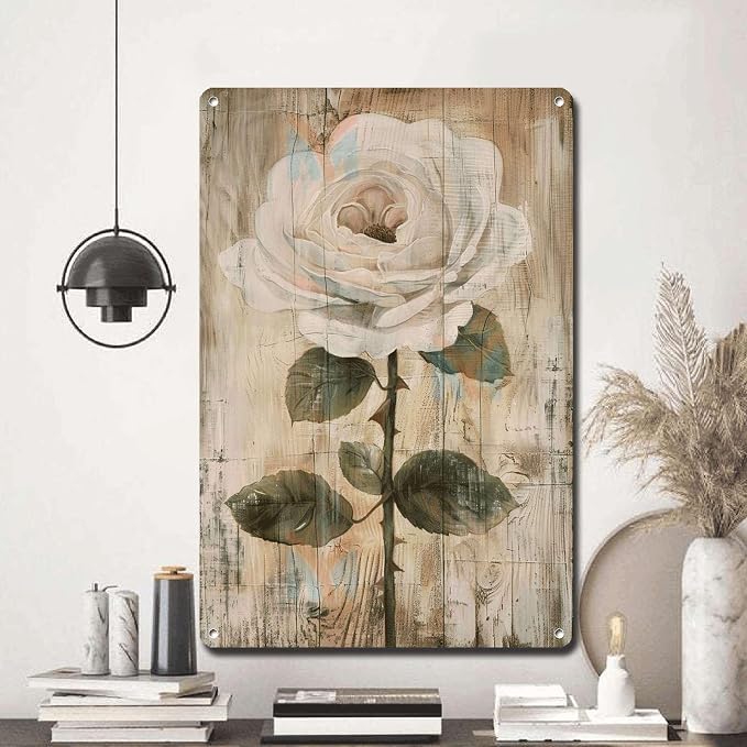 Metal Sign Tin Sign Vintage Wall Art Antique Rose Wall Art Tin Sign for Vintage Aesthetics Distressed Wood Surfaces and Rustic Eleganc Tin Signs for Women for Bar 12×16 Inches