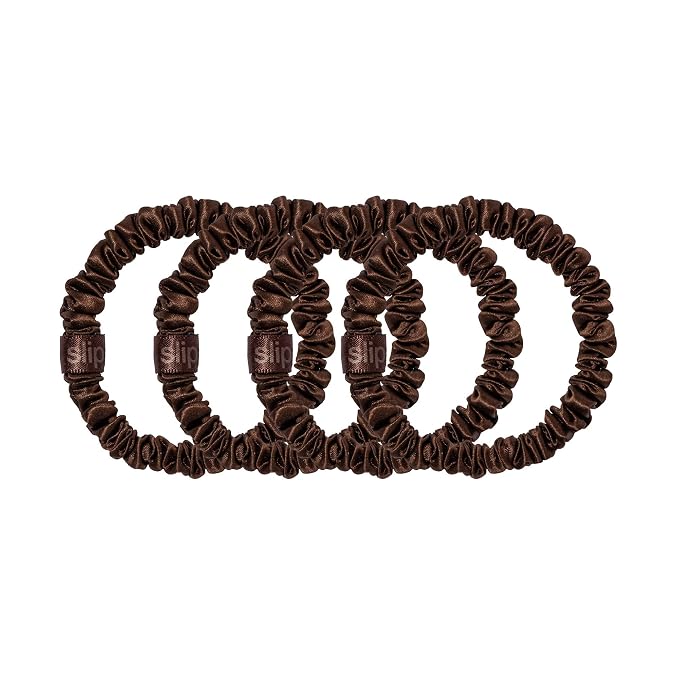 Slip Silk Hair Ties — Skinny Silk Dark Brown Scrunchies, No Damage, No Crease, Anti-Breakage |100% Mulberry Silk | All Hair Types | Made with Proprietary Slipsilk™ | Set of 4