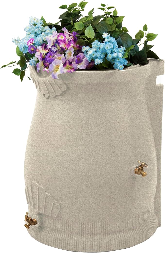 Good Ideas RWURN50-SAN 50 Gallon Rain Saver Wizard Barrel Water Storage Urn with Planter Space and 2 Brass Spigots, Sandstone