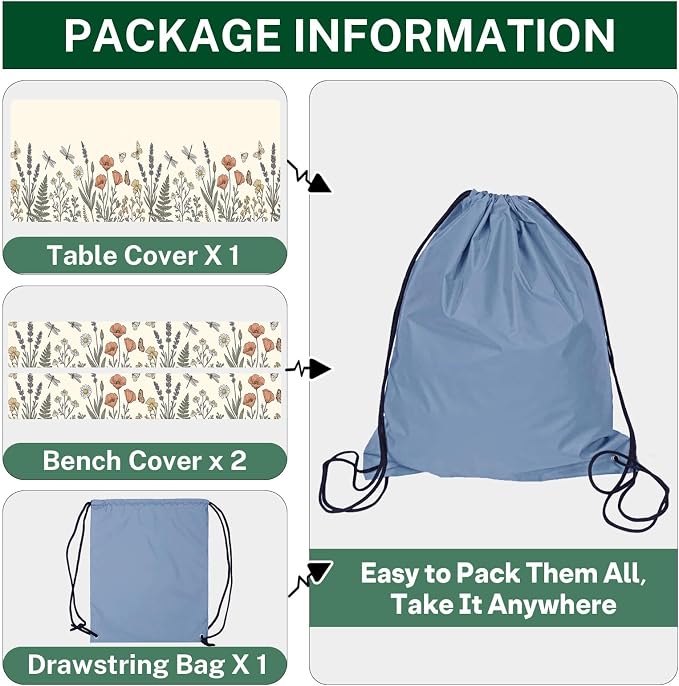 Picnic Table Cover with Bench Covers Elastic Edges, Botanical Camper Fitted Table Cover, Outdoor Camping Essentials 72 Inch 3PCS, Waterproof Camping Fitted Tablecloth with Drawstring Bag