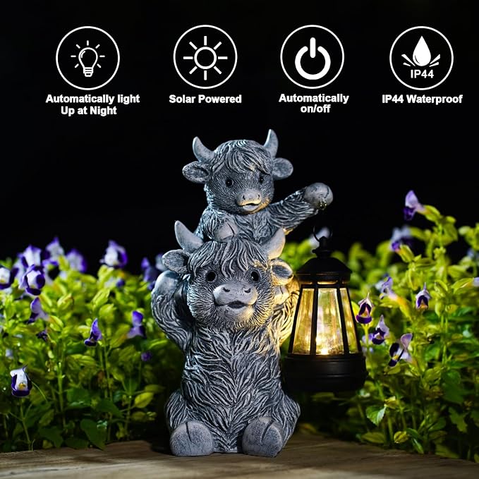 Highland Cow with Solar Lantern Garden Statue | 9.5 inch size, durable resin material, warm LED glow, unique gift for women & moms, perfect patio decor