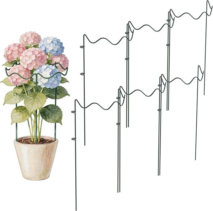 6 Pack Plant Support Stakes, Wavy Metal Garden Plant Stake, Peony Cages and Supports, 10"(W) x 30" (H) Flower Support Ring for Peonies, Hydrangea
