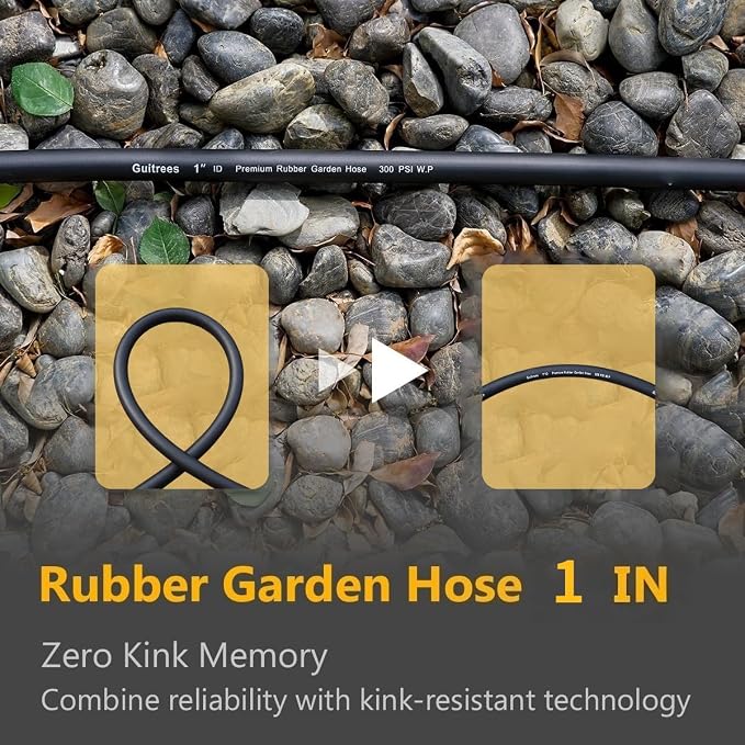 Guitrees 100FT ×1 inch Heavy Duty Rubber Garden Hose - 200psi Working, 1000psi Burst - Hot/Cold Water - Five-Layered Braiding for Durability - Versatile for Gardening, Agriculture, Construction(Black)