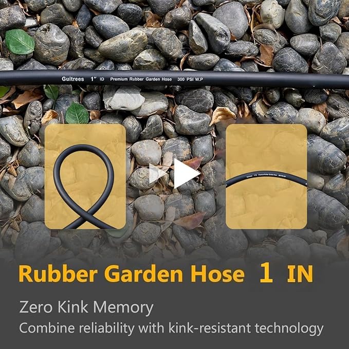 Guitrees 25FT ×1 inch Heavy Duty Rubber Garden Hose - 200psi Working, 1000psi Burst - Hot/Cold Water - Five-Layered Braiding for Durability - Versatile for Gardening, Agriculture, Construction(Black)