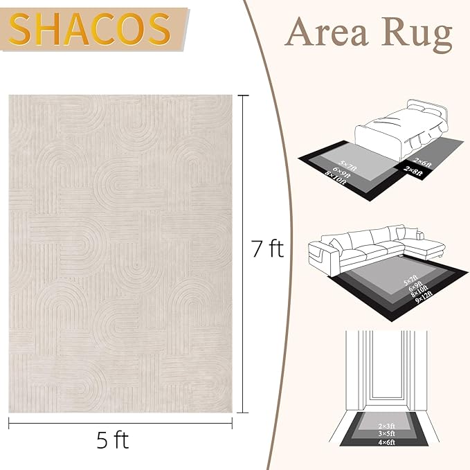 SHACOS Soft Cozy Fluffy Arch Pattern High Low Pile Area Rugs 5'x7' Non Slip Washable Scandinavian Minimalist Rug Modern Geometric Arc Carpet for Living Room Bedroom Dining Room, Beige