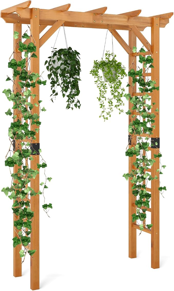 Giantex 7FT Wood Garden Arbor Trellis, Wooden Wedding Arch for Ceremony Party, Outdoor Archway Pergola for Climbing Plants, Pathway, Yard, Garden Decor, Easy Assembly (Honey Brown, 55''W x 85''H)