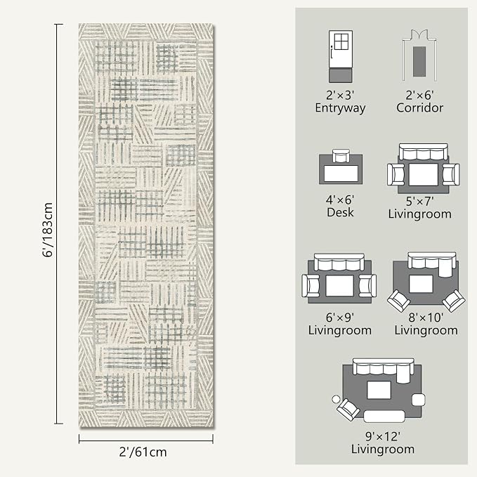 Area Rug 2x6 Abstract Geometric Textured Brushstroke - Neutral Gray & Light Blue Modern Minimalist Hallway Runner Rug, Decorative Carpet for Living Room Bedroom Home Decor