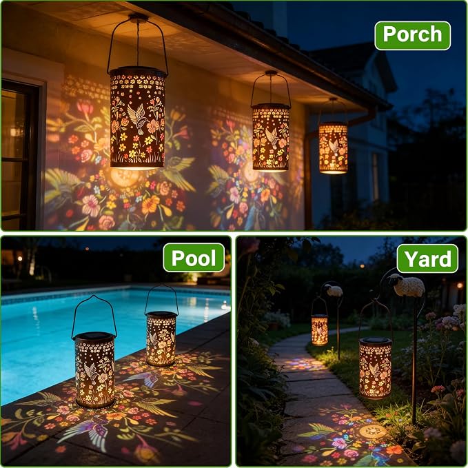 Colorful Solar Lanterns Outdoor Waterproof, Mmulticolored Hummingbird LED Solar Lights Garden Decor Gifts for Women Mom Grandma, Metal Hanging Lantern for Outside Table Tree Patio Pathway Lawn Decor