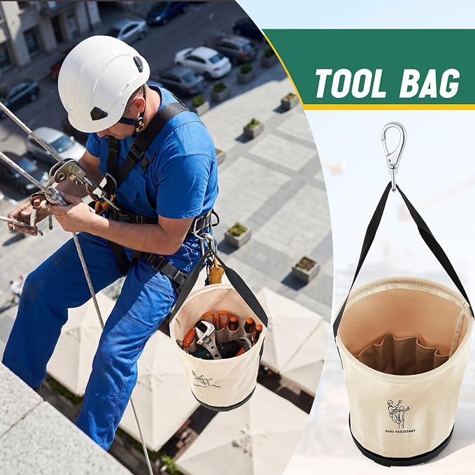 Heavy Duty Tool Canvas Bucket 12 x 12 x 9'' Tapered Wall Bucket Bag with 14 Inner Pockets, Thickened 14 Ounce Canvas, Plastic Bottom High Weight Load Capacity up to 100 Lbs (Printed)