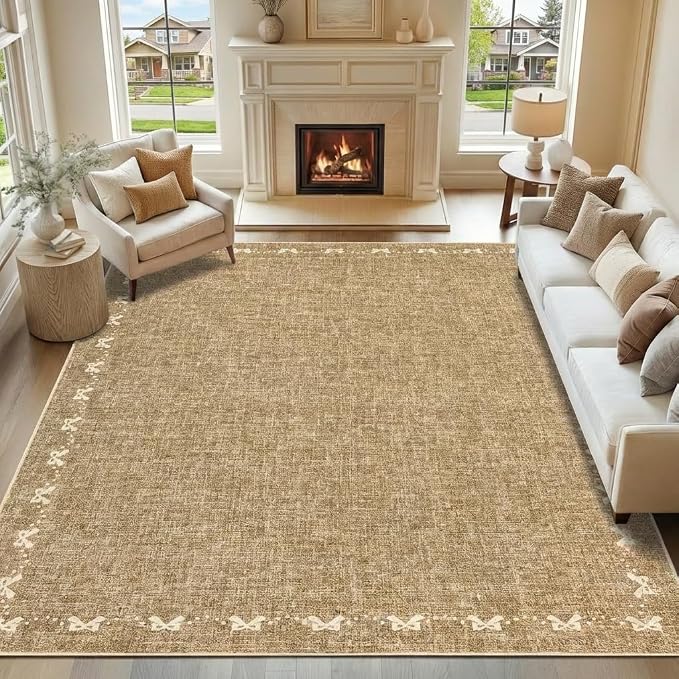 COZYLOOM 8x10 Bow Printed Rug for Bedroom, Large Solid Color Living Room Rug with Non Slip Backing, Stain Resistant Non Shedding Rugs Low Pile Modern Farmhouse Carpet for Bedroom, Dining Room, Brown