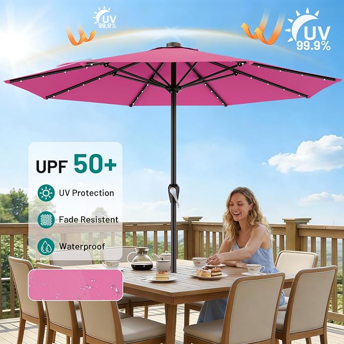 AreShark 12FT Large Patio Umbrella with Solar Lights, Solar Powered Outdoor Umbrella with Crank, Patio Table Market Umbrellas for Garden, Deck, Backyard, Pool and Beach, Rose Pink