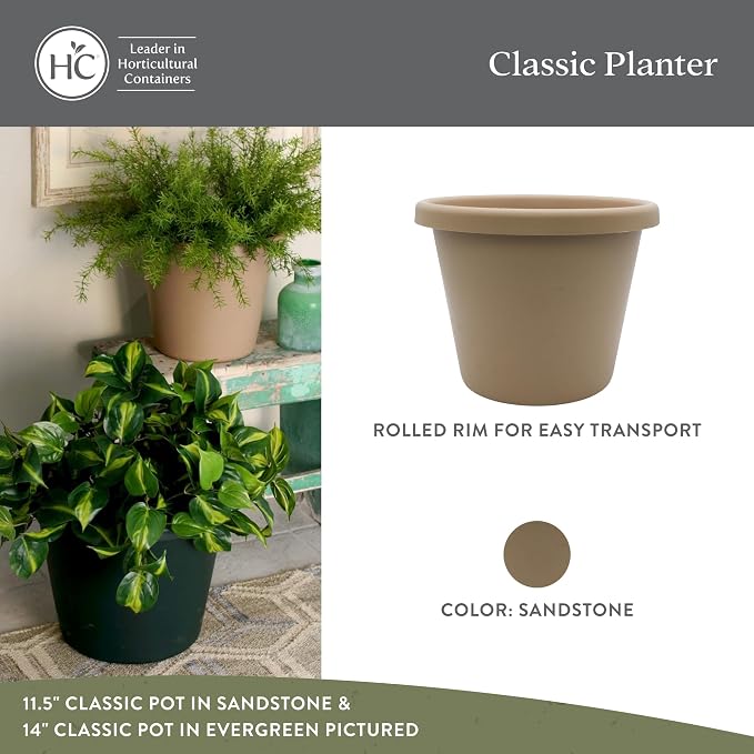 The HC Companies Classic Round Plastic Plant Pot w/Rolled Rim - Lightweight & UV Resistant Flower Pot for Herbs & More - Outdoor & Indoor Plant Pots w/Drainage (14 inch Sandstone, Pack of 1)