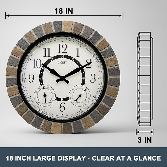 OCEST 18inch Large Indoor Outdoor Clock Illuminated Wall Clock with Thermometer Hygrometer & Night Light Waterproof Battery Operated Silent Non-Ticking Wall Clocks Decor for Patio Pool Porch Bathroom