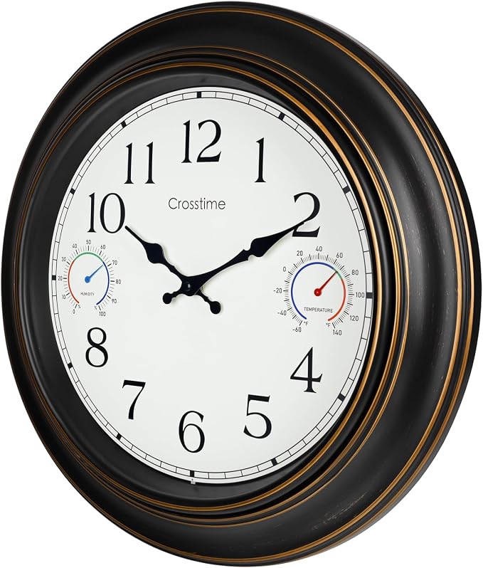 Crosstime 18 Inch Large Outdoor Clock Waterproof with Thermometer & Hygrometer - Silent Retro Wall Clock Decor for Patio, Pool, Garden, Backyard - Bronze