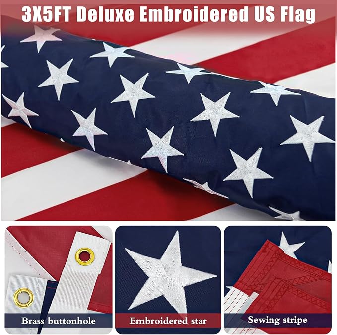 ZMTECH American Flag with Pole- 6FT Flagpoles with Upgraded Tangle Free Rings and Bracket, 1" Stainless Steel Flag Poles with Holder for Outside House, Residential or Commerical (Silver, No Light)