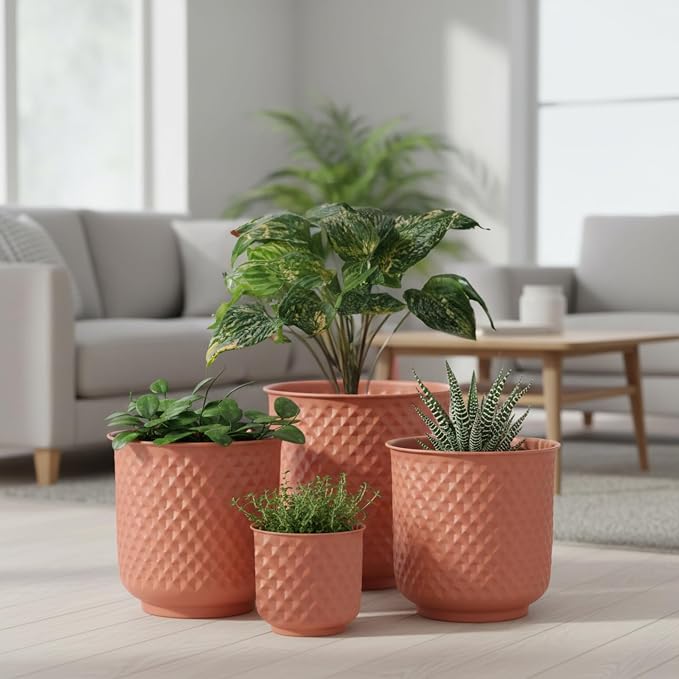 Bloem Prism Indoor Metal Cachepot Set - Includes 6", 8", 10" and 12" Decorative Planters with Powder-Coated Finish, Removable Drain Plugs, Terra Cotta
