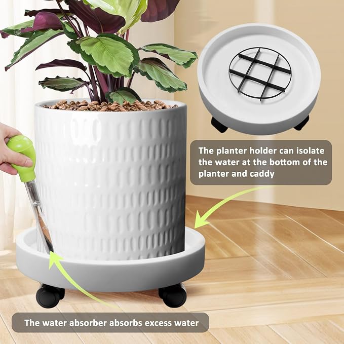 2Pack 13.98'' Plant Caddy with Wheels, Plant Stand Dolly for Heavy Planter,Wheeled Planter Saucer Tray,Rolling plant stand,Heavy-Duty Plant Caddy with Casters for Indoor and Outdoor(White)