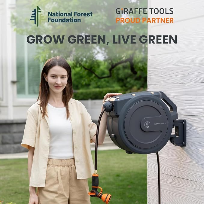 Giraffe Tools Retractable Garden Hose Reel 1/2 Inch x 130 ft, Super Heavy Duty, Any Length Lock, Slow Return System, Wall Mounted and 180 Deg Swivel Bracket