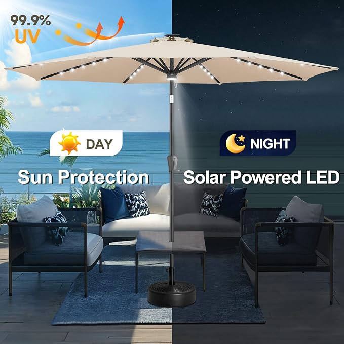 FLAME&SHADE 10 FT Solar Light Patio Umbrella, 40 LED Lights Outdoor Umbrella with Centre Surround Light, Table Market Umbrella for Deck, Pool, Porch, Backyard, Garden, UV Protection, Beige
