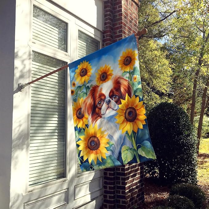 Caroline's Treasures DAC6104CHF Japanese Chin in Sunflowers House Flag Large Porch Sleeve Pole Decorative Outside Yard Banner Artwork Wall Hanging, Polyester, House Size, Multicolor