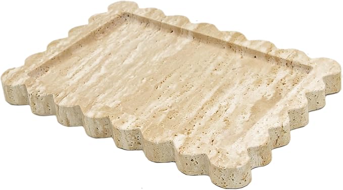 YMXYJM Genuine Travertine Scalloped Marble Tray, Real Natural Marble Stone Trays, Luxury Decorative Trays for Bathroom, Dresser, Vanity, Kitchen, Home Decor, 10.6" x 8", Travertine Beige