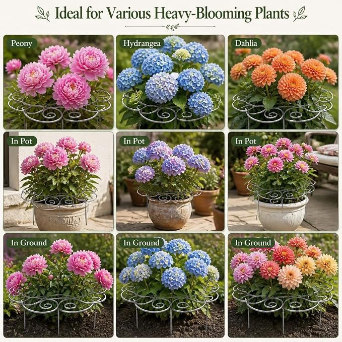 Metal Plant Support Ring for Garden, Heavy Duty Green Flower Hoop with Gardening Gloves, Peony Cage Stand for Outdoor Beds Indoor Pots, Grow Through Trellis 3 Sizes (3PCS, S+M+L)