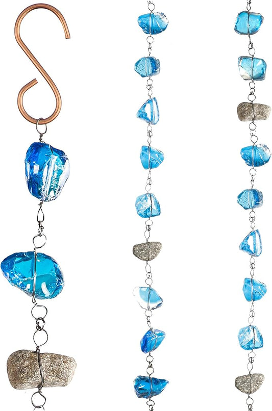 Evergreen 6 Feet Long Blue Glass and Metal Rain Chains for Gutters | Rain Catcher Chain Replacement Downspout | Decorative Rain Chains for Outside Garden Balcony Porch