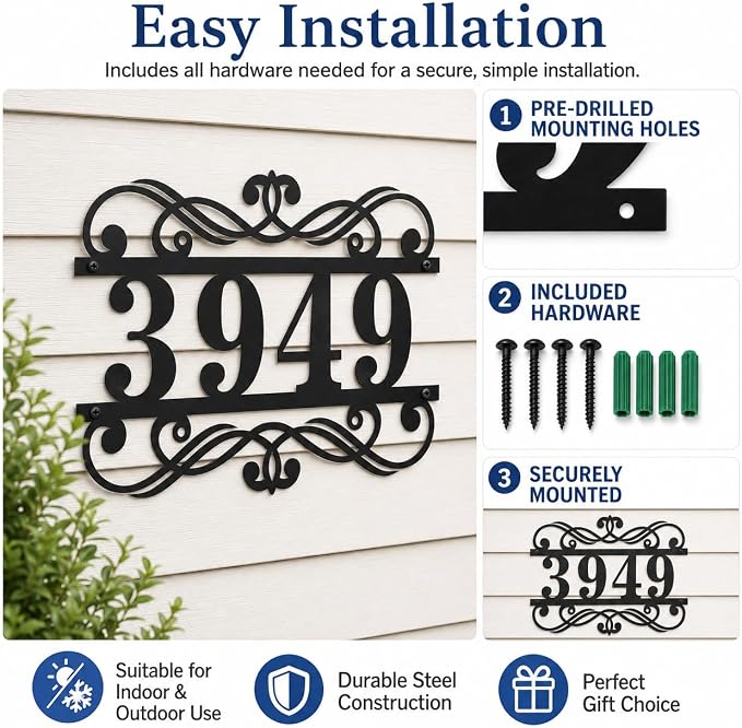 Personalized Metal House Number Sign Custom Address Plaque Modern House Numbers Outdoor Wall Mounted Address Sign Decorative Home Entry Porch Farmhouse Curb Appeal Gift for New Home