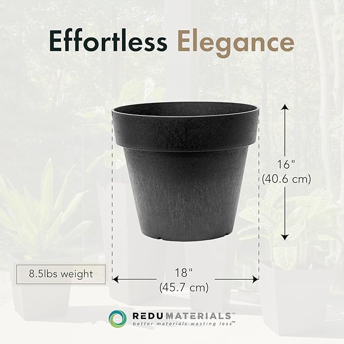 Tierra Verde 2-Pack Indoor & Outdoor Self-Watering Round Planter Pots, Baritone, 18" x 16", Black - Decorative Planting Containers for Plants and Flowers - Gardening and Flowering Accessories