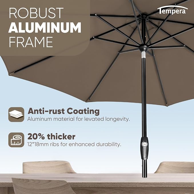 Tempera Patio Market Outdoor Table Umbrella with Auto Tilt and Crank, Large Sun Umbrella with Sturdy Pole & Fade Resistant Canopy, Easy to Set